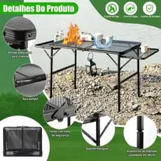 Mesa Camping Dobravel 130cm Vira Maleta Jardim Praia Lançame Preto com Abas Laterais