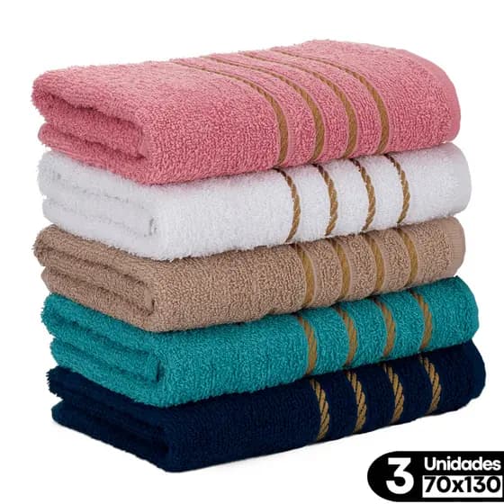 Kit 03 Toalhas de Banho Fio Dourado 70x130 cm 100% Algodão