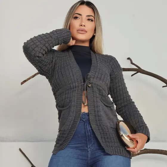 Cardigan Feminino Casaquinho Tricot Com Cordao e Bolso Elegante