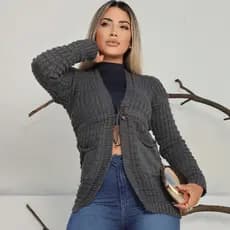 Cardigan Feminino Casaquinho Tricot Com Cordao e Bolso Elegante