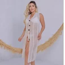 Saída de Praia Longa Feminina Tricot Sem Manga Moda Com Botões de Coco