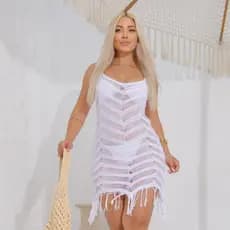 Vestido Saída de Praia Feminina Trico com Franja Verão Moda Praia