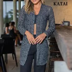Cardigan Tricot Feminino Kimono Manga Longa em Tricô