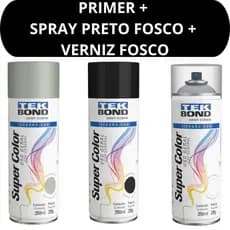 Kit Primer Tinta Preto Fosco e Verniz Fosco 350ml Tekbond Aerossol Secagem Rapida Metal Madeira MDF