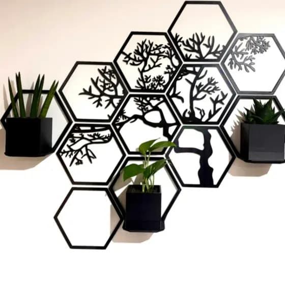 Painel Hexagonal Árvore de Parede com Suporte para Vasos Sala e Quarto