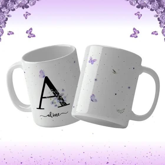 Caneca Premium Super Branca,  Alfabeto Floral 325ml