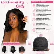 Peruca Lace Front Cady Curta Ondulada 33cm Fibra Orgânica Premium Repartição Central Efeito Natural
