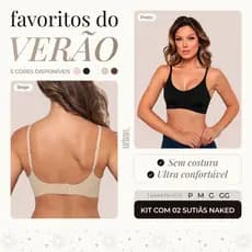 Kit 2 Sutiã Top Naked Poliamida Sem Costura com Bojo Removível, Alça Ajustável Confortável Elastano | Fitness Ar Livre