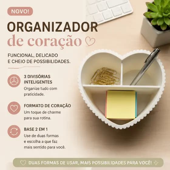 Organizador Escritório Cômoda Porta Objetos Coração Fofo com 3 Divisórias Porta Lápis Maquiagem