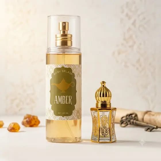 Kit Amber Marrakesh – Perfume Árabe | Body Splash 230ml + Perfume em Óleo 6ml |