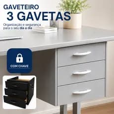 Gaveteiro Fixo Suspenso 3 Gavetas em MDP com Chave Organizador para Mesa Escritório Home Office