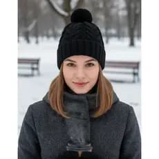 Touca De Frio Com Pompom Preta Gorro De Lã Tricot Inverno