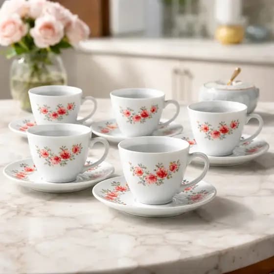Conjunto 6 Xícaras de Chá 220ml Com 6 Pires Red Rose Vidro Floral Mesa Posta