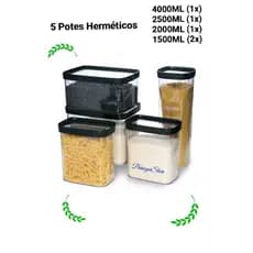 Conjunto 5 Potes Herméticos para alimentos e condimentos para cozinha | Potes grandes arroz feijão