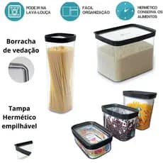 KIT 5 POTES HERMÉTICOS (4L+2L+1,5L+1L+450ml) - PARA ARROZ, MACARRÃO, MASSAS, TEMPERO | FÁCIL LAVÁVEL