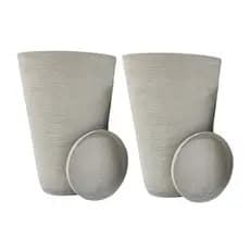Kit 2 Vasos Moderno Texturizados Planta Coluna Redondo Escovado Decorativo Polietileno Nº2 (38x29) + Prato