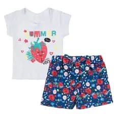 Conjunto Curto Blusa E Shorts Bebê Estampado Morango Branco