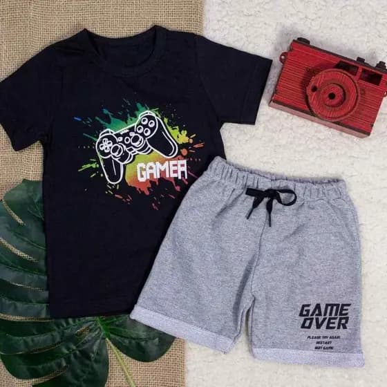 Conjunto Curto Camiseta E Bermuda Estampa Gamer Preto