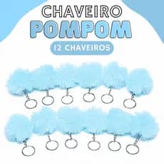 Chaveiro Pompom Pelúcia Azul Bebê 70mm - C/ 12 Unidades - BRX