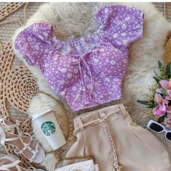 Cropped feminino Manga Curta Ciganinha Biquinho Corceler Com bojo Florido Estampado Top Blusa Blusinha verão 2025