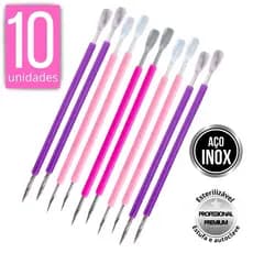 Kit 10 Espátula c/ Palito Bastão Mista Silicone Cutelaria Empurrador Curvo Unha Aço Inox Monolo