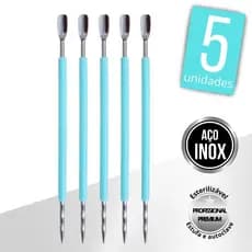 Kit 5 Espátula c/ Palito Bastão Mista Curva Silicone Cutícula Cutelaria Empurrador Unha Aço Inox