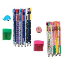 Kit 10 Lápis Grafite HB Decorado Apontador Duplo Oval Borracha Foot Trends Forma Menino Menina Leo e Leo