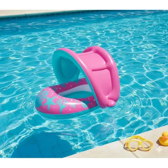Bóia Inflável Bebê com Cobertura Fundo do Mar Rosa Bote Infantil Piscina