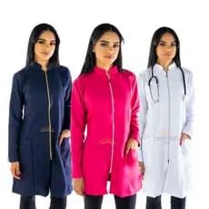 Jaleco Feminino Acinturado Oxford Manga longa Várias Cores Acinturado Com Zíper Gola Padre