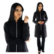 Jaleco Feminino Acinturado Oxford Kate Preto com Zíper Acinturado
