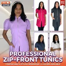 Jaleco Feminino Manga Curta Oxford Acinturado Gola Padre Com Zíper Dourado