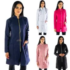 Jaleco Feminino Acinturado Oxford Com Zíper Gola Padre
