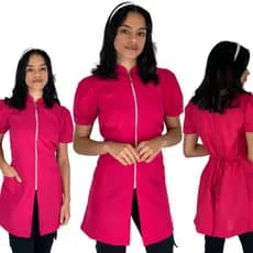 Jaleco Rosa Feminino Manga Curta Bufante Princesa Acinturado Com Zíper