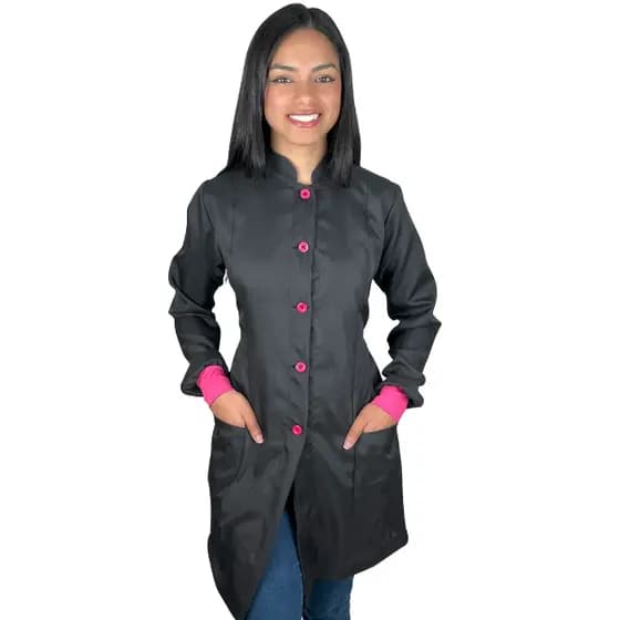 Jaleco Feminino Preto Acinturado com Punho e botão Rosa Pink - Oxford