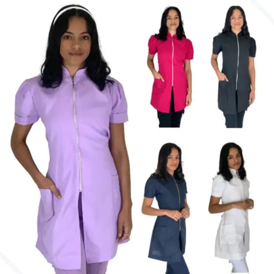 Kit de 5 Jaleco Feminino Manga Curta Oxford Acinturado Gola Padre Com Zíper Dourado