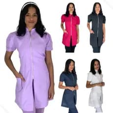 Kit de 5 Jaleco Feminino Manga Curta Oxford Acinturado Gola Padre Com Zíper Dourado
