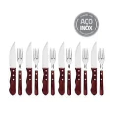 Jogo de Talheres Para Churrasco 12 Peças Jumbo Garfo Faca Aço Inox E Madeira