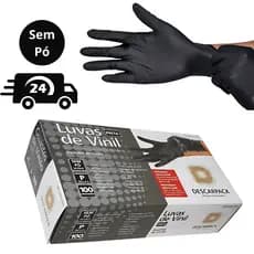 Luva Vinil Preta Descartável Sem Pó Resistente 100 Unidades