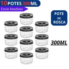 Jogo 10 / 6 Potes Redondo 300ml Tampa com Rosca BPA FREE Potinho Transparente Tempero Doce Papinha Bebê