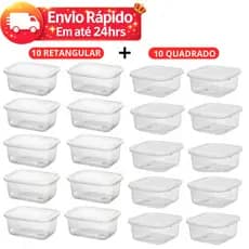 Jogo 20 Pote Plástico 270ml Com Tampa BPA free, Conjunto Pote Mini Quadrado Retangular Fitness