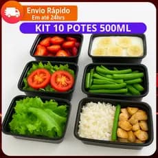 10 Potes Preto Com Tampa Transparente Empilhável Organizar Alimentos e Marmitas Fitness