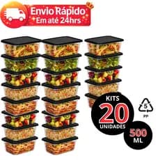 Marmita 500ml Kit 20,10,5 Unidades Potes Herméticos Tampa Preta BPA Free Freezer
