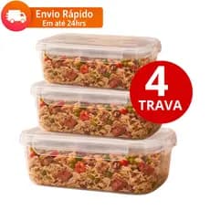 Kit 5 Potes 2 Litros C/ 4 Transparente Retangular Travas Hermeticos REFORÇADO