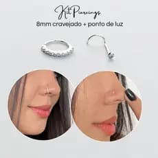 PIERCING NARIZ PRATA 925 ARGOLA 8mm + PIERCING NARIZ PONTO DE LUZ KIT 2 PIERCINGS