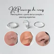 Piercing Prata 925 Kit Cravejado 8mm + Ponto de Luz Coração + Lisa Kit 3 Piercing