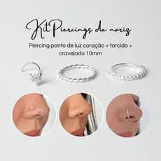 Piercing Prata 925 Kit Cravejado 10mm + Torcido + Ponto de Luz Coração