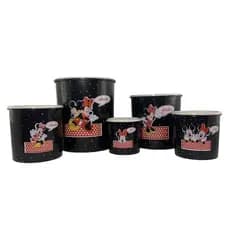 Pote Mantimento Com 5 Peças Jogo Conjunto Preto de Plástico Redondo Bolinhas Poá Jogo de Pote Kit Conjunto Pote Tigela Vasilha Recipiente Cumbuca Reforçado Com Adesivo da Minie Miney e Mickey Mikey Tapuer Tapoer Promoção Black Friday Presentes de Natal