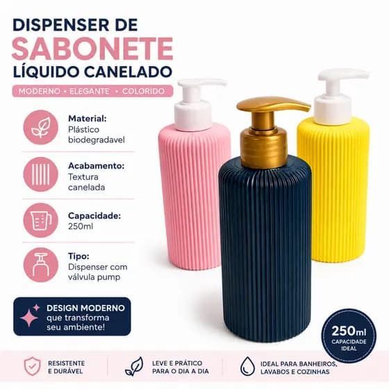 Dispenser de Sabonete Líquido Canelado Moderno | Porta Sabonete Elegante Colorido (Unidade)