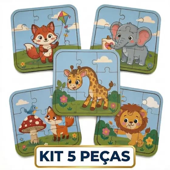 Kit 5 Quebra-Cabeça Infantil Educativo Madeira Mdf Animais Selva Fofos Brinquedo Pedagógico Desenvolvimento 9 Peças cada