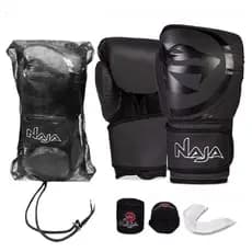 Kit Luva de Boxe Muay Thai - Naja Mod. Black Line Preto + Bandagem + Bucal